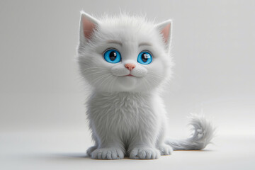A white kitten with blue eyes sitting on a white surface