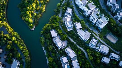 Aerial view of modern residential buildings lush greenery and serpentine river. Serpentine Cities. Illustration