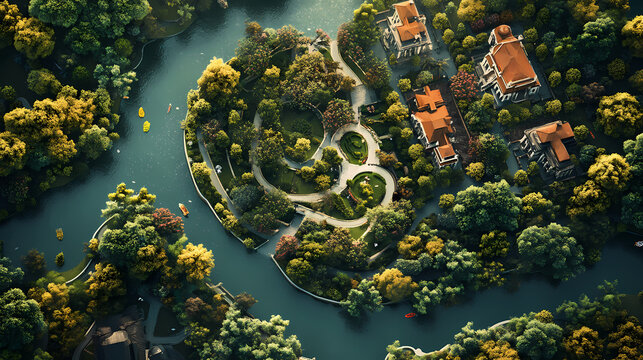 Aerial view of an idealized city with classical architecture, lush gardens, and a serpentine river. Serpentine Cities. Illustration