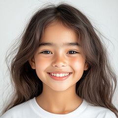 Fototapeta premium Smiling Southeast Asian girl with a tooth gap shows joy and warmth against a white background
