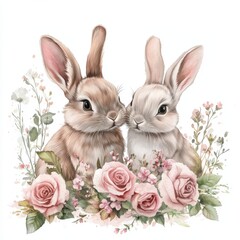 Two Adorable Rabbits Surrounded by Pink Roses and Green Leaves