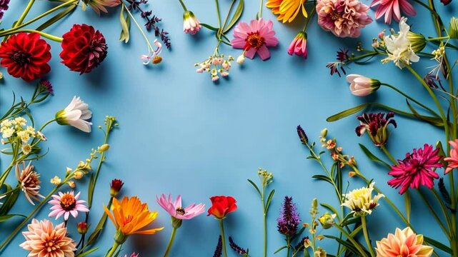 Summer floral frame with colorful flowers on blue background. Copy space for text. Valentine's or Mother's Day concept
