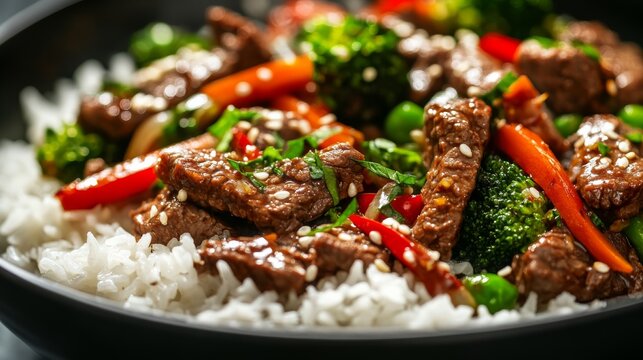 Close-up of rice and beef and vegetable stir-fry with soy sauce in a black bowl, emphasizing savory and robust flavors. Ideal for Asian cuisine and quick meals.