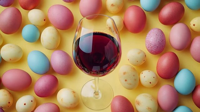 Vibrant Display of Wine Glass Amidst Colorful Easter Eggs