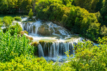 Obraz premium Croatia, Dalmatia, Krka National Park - 20 August 2024 - Top view of an amazing waterfall at Krka national park