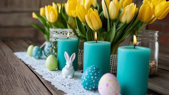 Colorful Easter Candles and Decorated Eggs with Tulips on Table