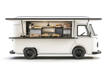 Isolated White Food Van. Realistic Delivery Vehicle Rendered for Culinary Designs