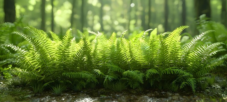 A lush green patch of ferns in a serene forest, illuminated by soft sunlight filtering through the trees, creating a tranquil and refreshing atmosphere.