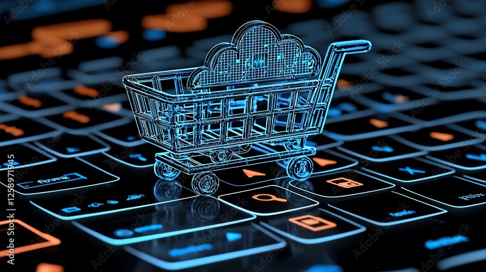 Poster online shopping cart on laptop keyboard; cloud computing background