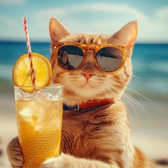 Playful Cat in Sunglasses Holding a Refreshing Summer Drink by the Beach