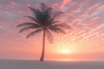 Obraz premium A solitary palm tree stands against a vibrant sunset, casting a serene silhouette over the tranquil beach. The soft hues of pink and orange fill the sky, creating a peaceful atmosphere.