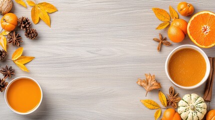 Autumnal beverage on wood, fall leaves & fruits. Perfect for Thanksgiving recipes