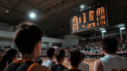 A group of young men are watching a basketball game