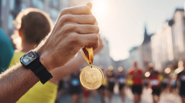 A man holding a gold medal with the letter B on it
