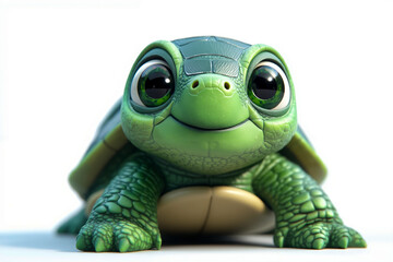 Fototapeta premium A small green turtle with big eyes sitting on a white surface