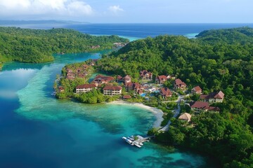Fototapeta premium Serene Getaway: Tranquil Cove Retreat on the Palau Islands, Embraced by Vibrant Blue Waters and Lush Greenery