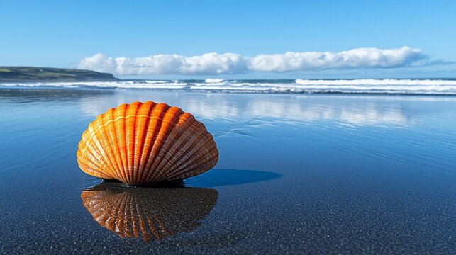 Orange shell reflects on wet sand, ocean waves background, coastal scene, travel