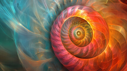 Obraz premium Nautilus shell highlighted in an abstract background, showing its iconic spiral. the shell's geometric design adds a unique touch to the wallpaper. Fractal Beasts. Illustration