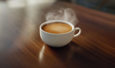 Obraz premium Aromatic cup of steaming coffee on dark wooden table, light haze drifting above rich brown liquid, comforting morning ritual.