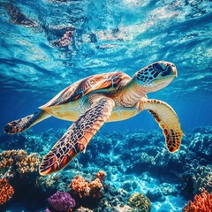 Fototapeta premium Graceful Sea Turtle Swimming Above Colorful Coral Reef