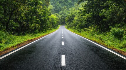Obraz premium A straight road stretching into the horizon on a rainy day with trees.