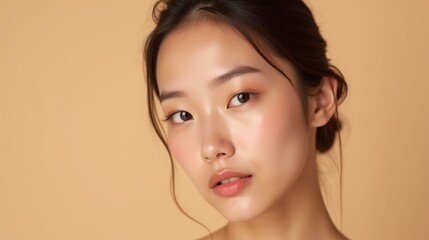 Naklejka premium A serene individual with a soft, natural appearance in a gentle, neutral background.