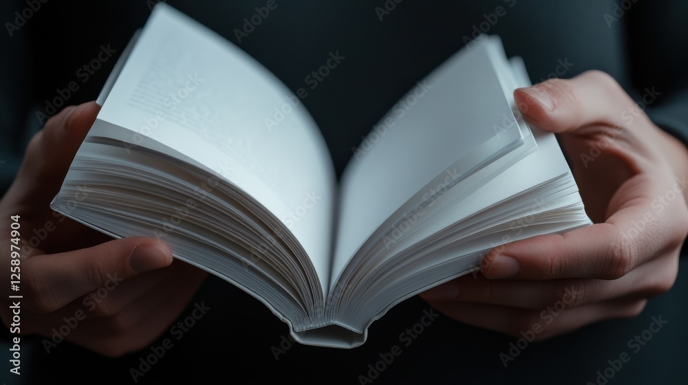 Poster a person is holding a book open to a page with a white background
