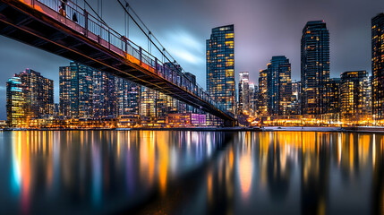 Fototapeta premium A person crossing a bridge over a river, with the city's lights reflecting on the water. The calm water contrasts with the city's vibrant lights
