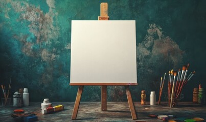 Blank artist easel set against a textured teal backdrop, surrounded by scattered paint tubes and brushes, ready for creative expression in a serene studio setting