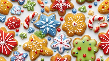 Seamless pattern of decorated Christmas cookies in shapes like gingerbread men, stars, snowflakes, and candy canes, Christmas and holiday treats theme for bakery lovers and decor