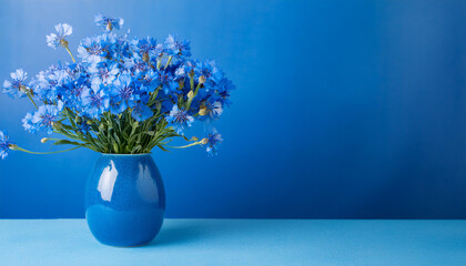 Bouquet of blue flowers in vase. Beautiful spring flower. Plant and nature concept.