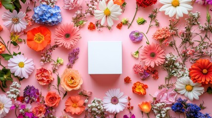 Colorful flowers surround a minimalist white box on a pastel pink background