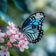 Naklejka premium Stunning Blue Monarch Butterfly in Closeup: Vibrant Tropical Colors on a White Background