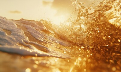 Obraz premium Azure wave crashing onto golden sand, shimmering sea spray under soft daylight, serene coastal moment captured in motion.