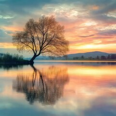 Fototapeta premium Tranquil Sunset Reflection Over Still Water and Solitary Tree
