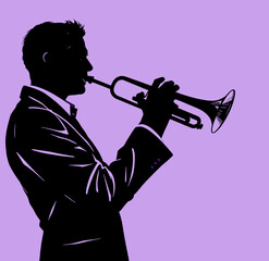 Illustration of a male trumpet player in silhouette against a magenta background