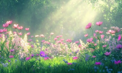 Fototapeta premium Blooming wildflowers in shades of pink and purple on a lush green meadow, soft light enhancing their natural beauty