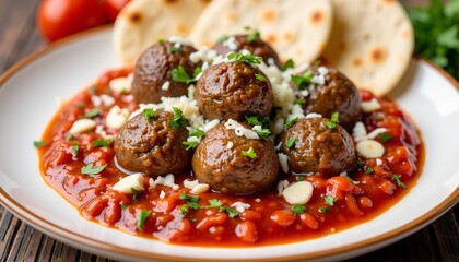 Tender lamb meatballs in rich tomato sauce, garnished with parsley.