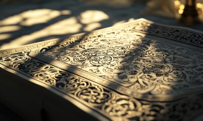 Fototapeta premium Ornate Book Cover: Intricate Floral Design in Warm Sunlight