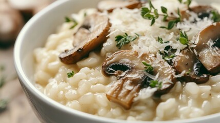 Close-up of rice and mushroom risotto with parmesan cheese and herbs in a white bowl, emphasizing creamy and savory qualities. Ideal for Italian cuisine and gourmet meals.