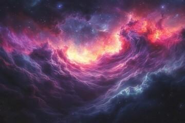abstract digital artwork featuring deep cosmic gradients blending from royal purple through crimson red into midnight blue with particle effects