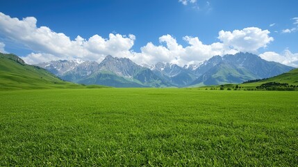 Obraz premium Sunny grassland valley with snow-capped mountains; scenic landscape
