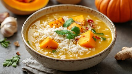 Close-up of rice and pumpkin soup with ginger and garlic in a cream-colored bowl, emphasizing creamy and aromatic qualities. Ideal for autumn recipes and comfort food.