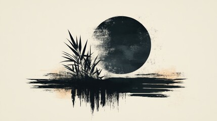 Minimalist Japandi art with bold shapes and expressive brush strokes in black and cream