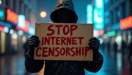 Protest against internet censorship held during a rainy evening in a vibrant urban area filled with bright neon lights and activists