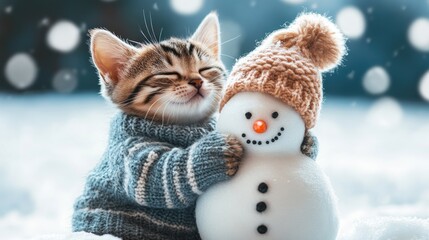 Adorable Kitten in Sweater Embraces a Snowman in Winter