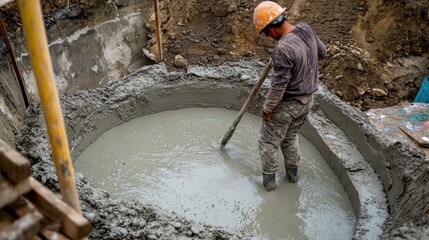 Construction worker mixing cement in a hole.