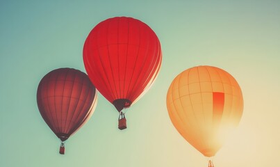 Fototapeta premium Brightly colored balloons floating against a clear sky, sunlight casting subtle shadows across their smooth surfaces, evoking a sense of joy and freedom