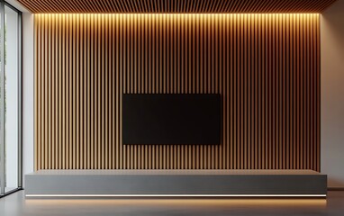 A mockup of an empty black TV screen on the wall in a living room, with a wood and white color interior design featuring wooden paneling  