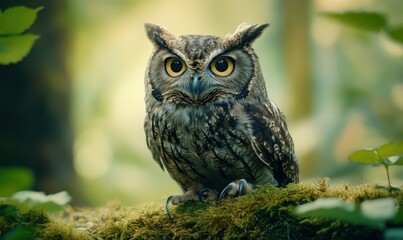 Close-up of an owl perched on a moss-covered branch in a dense forest, its golden eyes reflecting light as it observes intently, natural wonder.